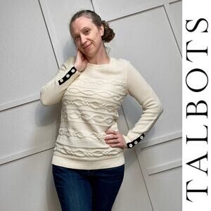 Talbots Fisherman Sweater Longline Cable Knit Button Cuff Pullover Sz: M -NWOT